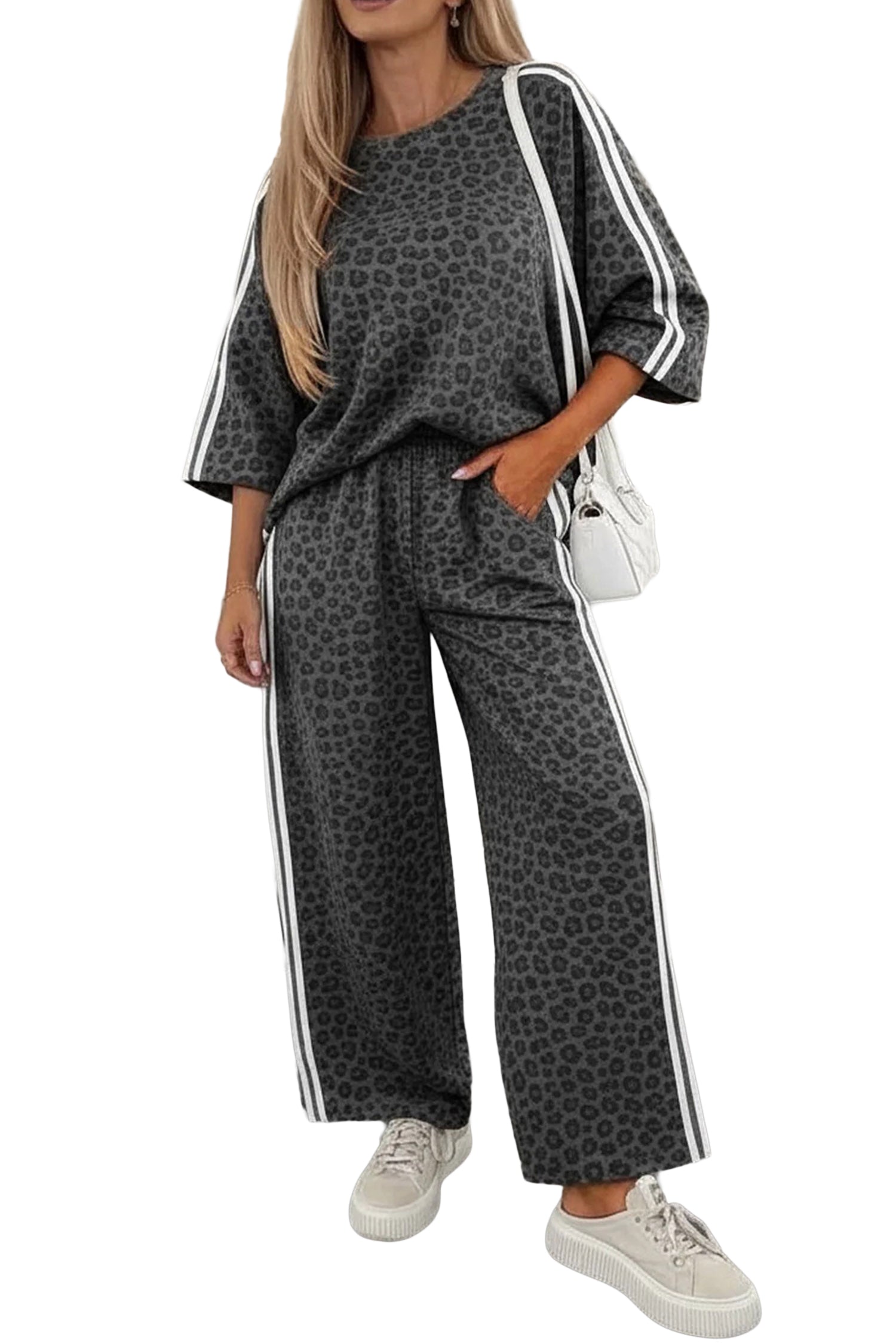 Apricot Leopard Print Varsity Striped Detail 3/4 Sleeve Top Shift Pant Set