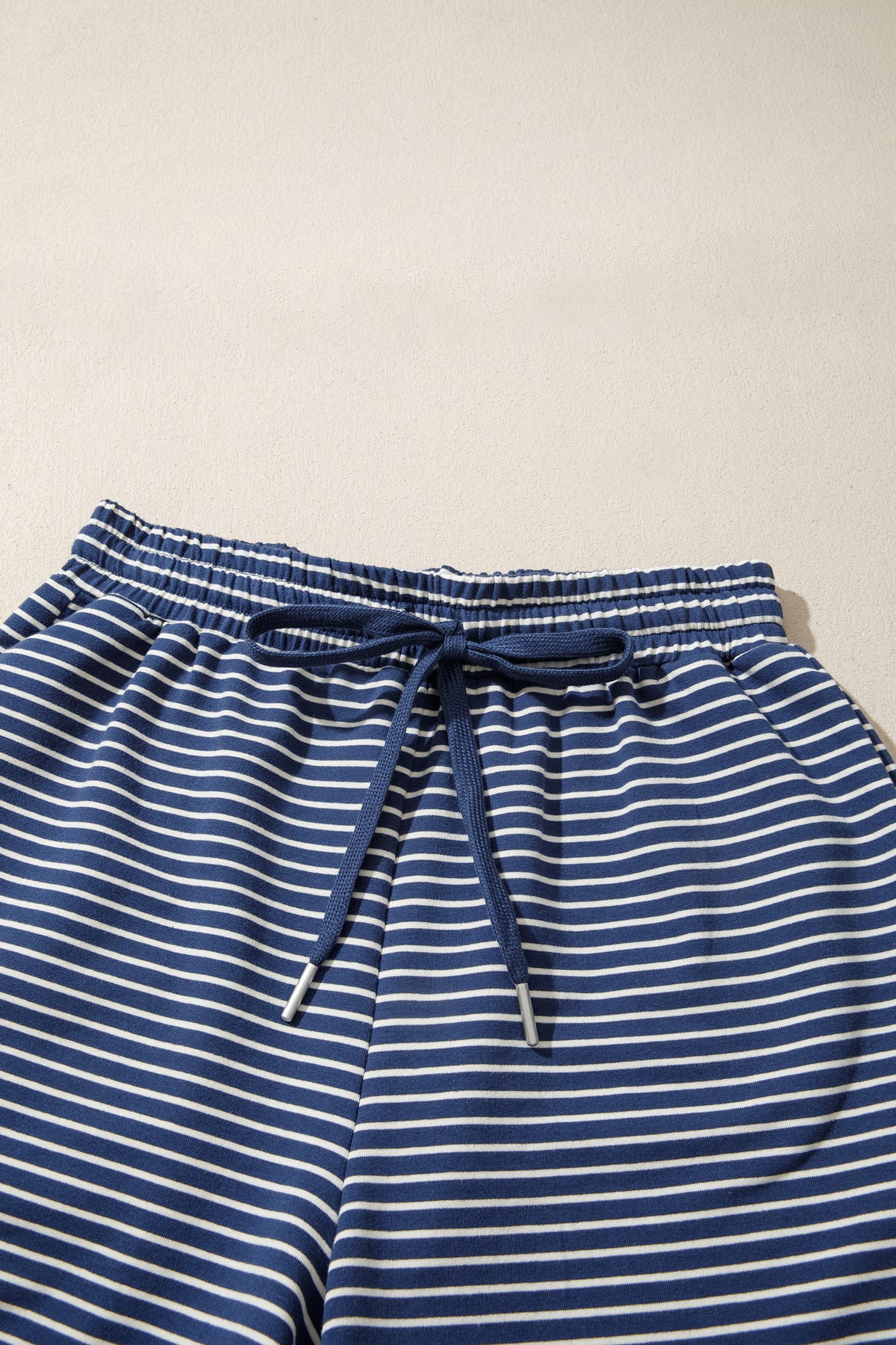 Blue Stripe Ribbed Patchwork Mock Neck Baggy Pullover Matching Shorts Set