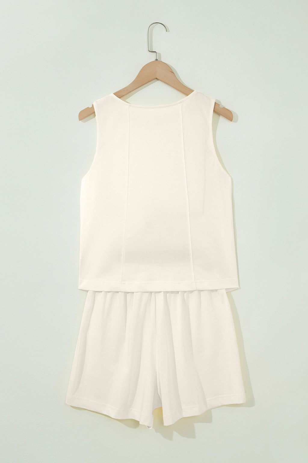 Beige Stitched Detail Loose Tank Top Cotton 2pcs Short Set