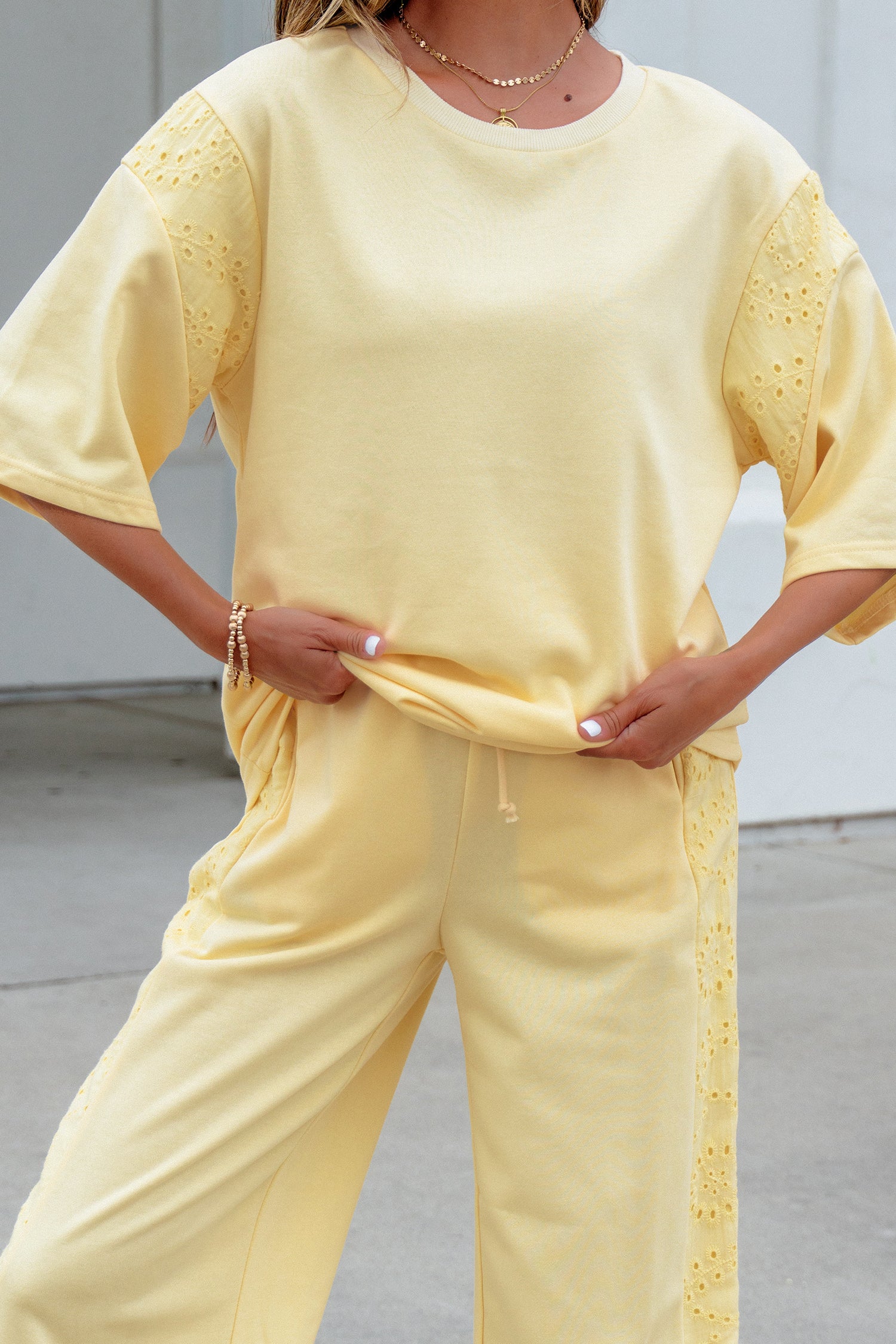 Yellow Cream Lace Patchwork Half Sleeve Top Elastic Waist Pants Two Piece Set