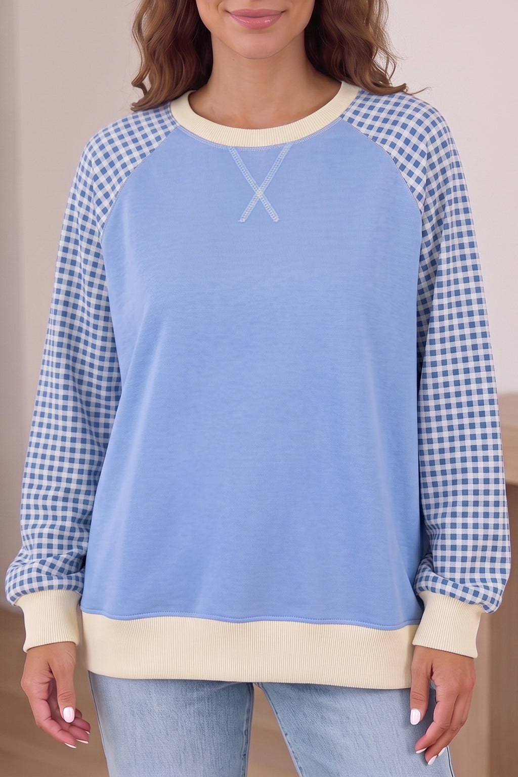 Beige Plaid Sleeve Colorblock Raglan Pullover Sweatshirt