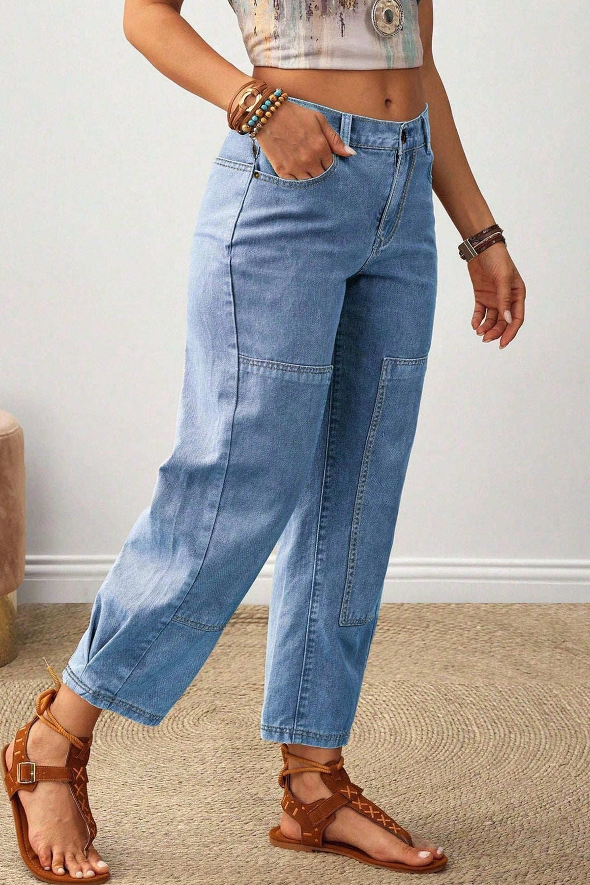 Beau Blue Decorative Seam Patchwork Detail Solid Color Jeans