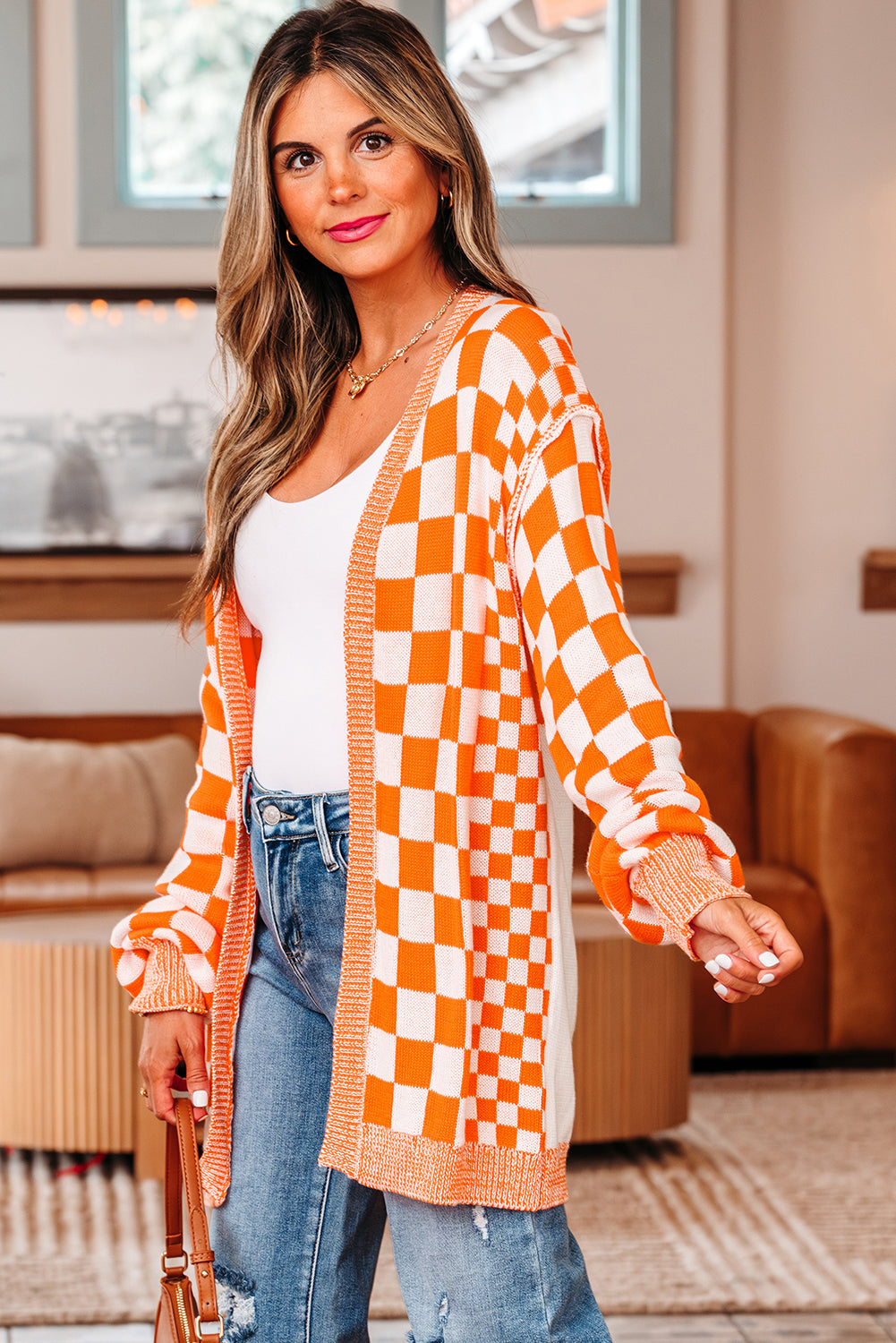 Purple Checkered Open Front Drop Shoulder Cardigan