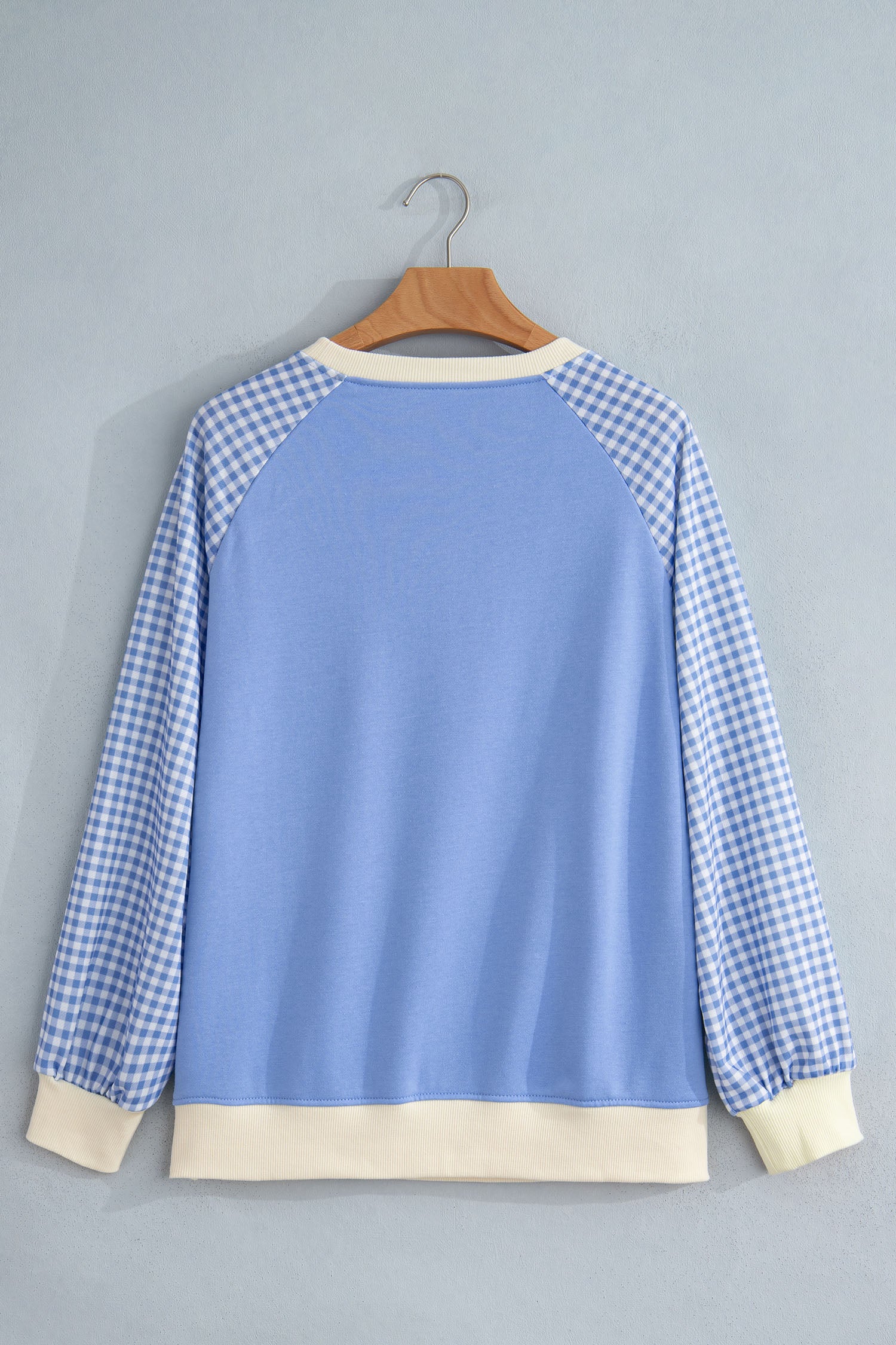 Beige Plaid Sleeve Colorblock Raglan Pullover Sweatshirt