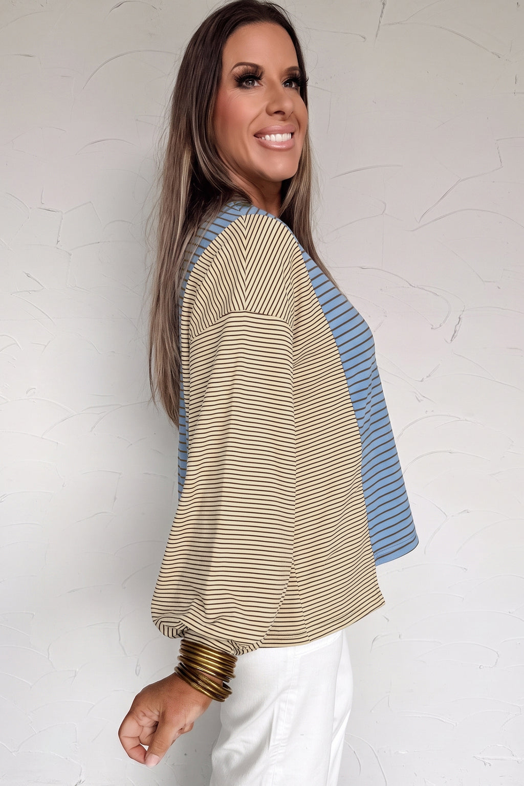 Sky Blue Stripe Color Block Contrast Long Sleeve Round Neck Casual Shift Pullover