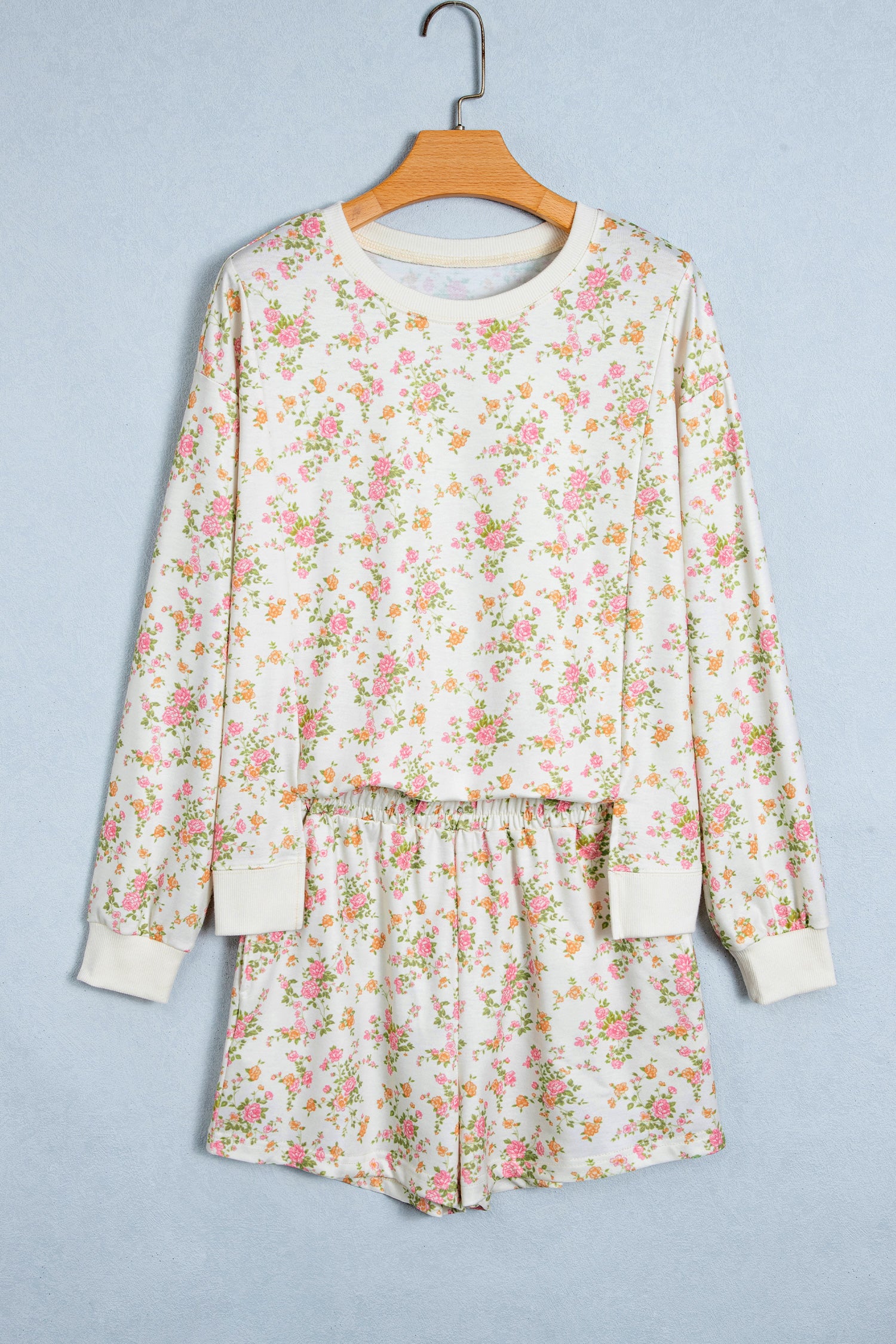 Beige Floral Print Long Sleeve Shift Top Pocketed Shorts 2pcs Set