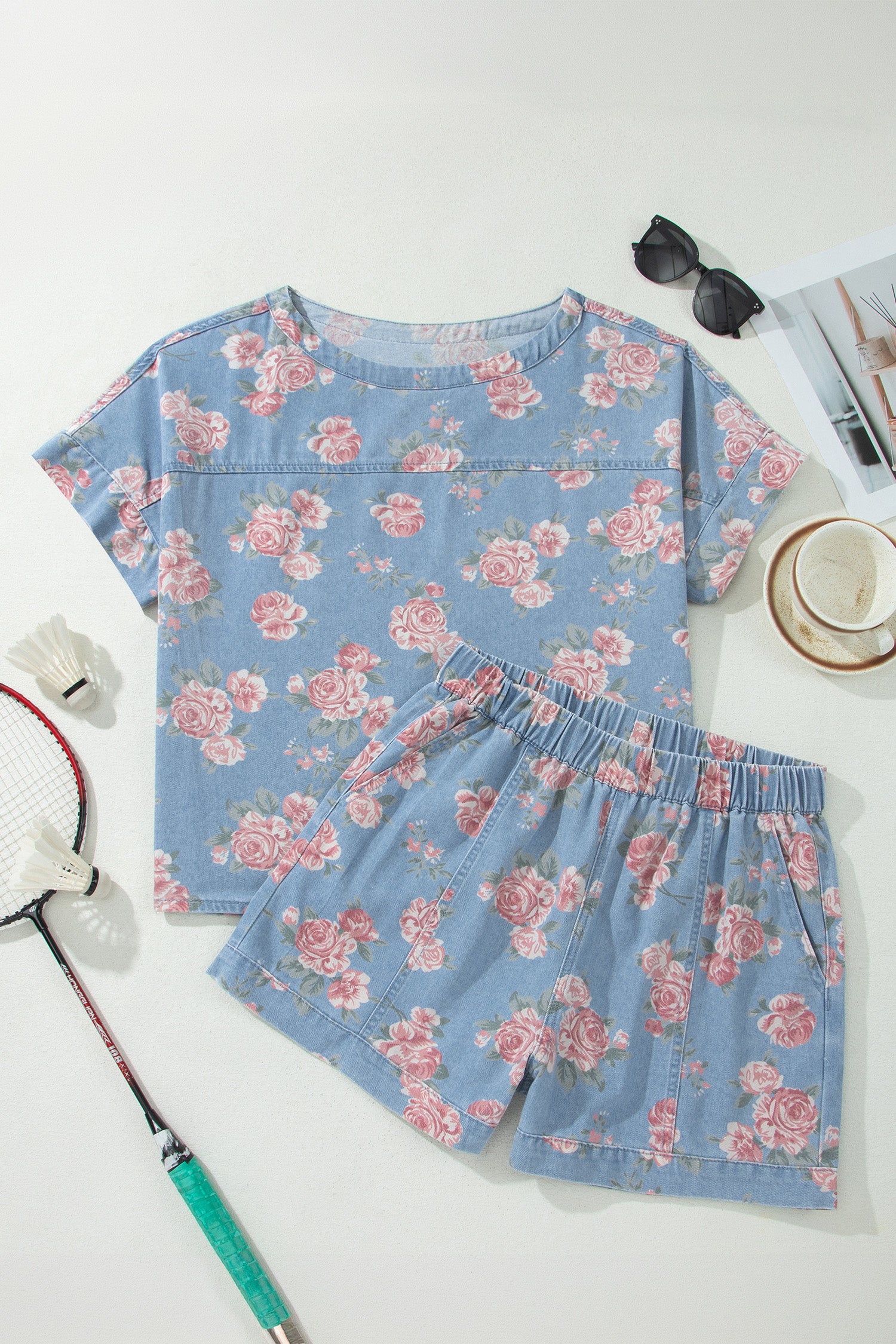Sky Blue Floral Denim Short Sleeve Top Loose Shorts 2pcs Set