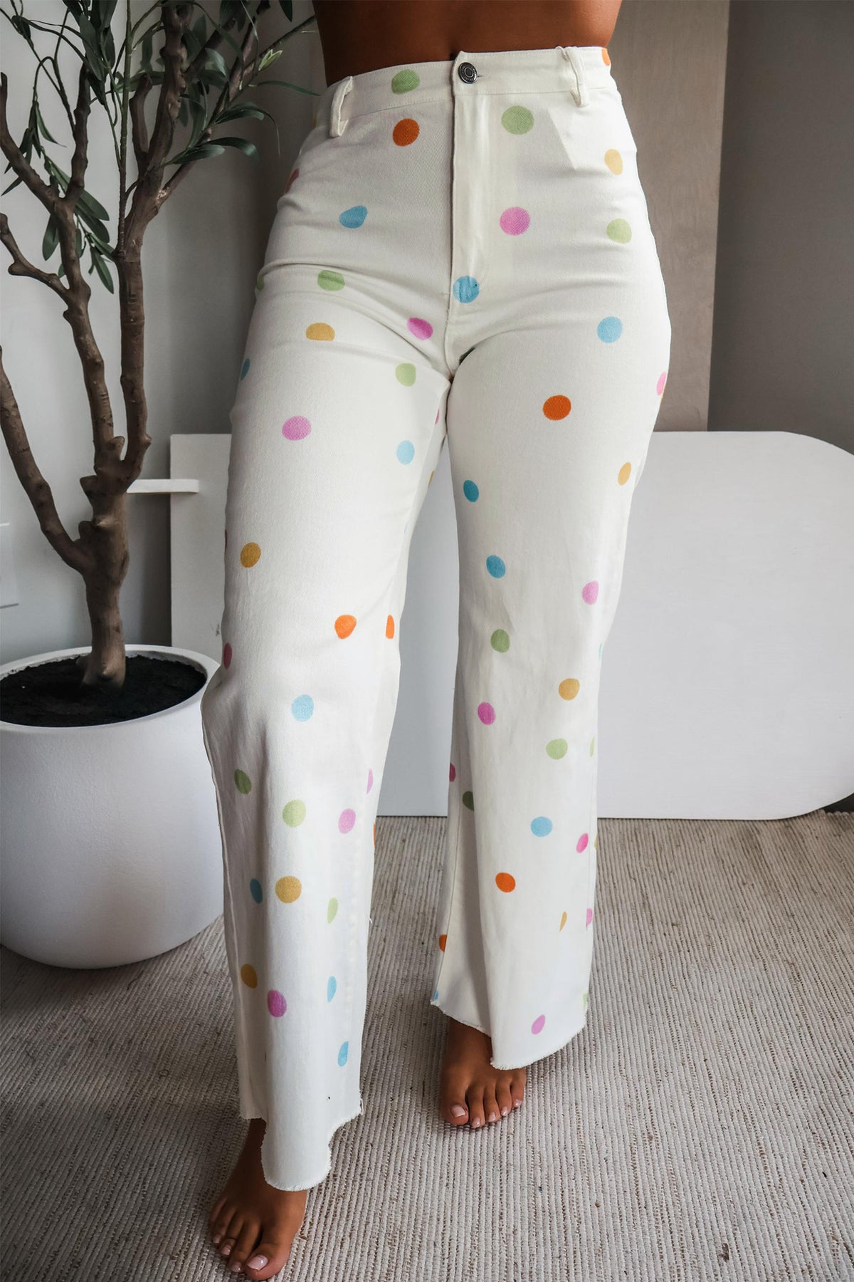 White High Waist Polka Dot Straight Leg Casual Jeans