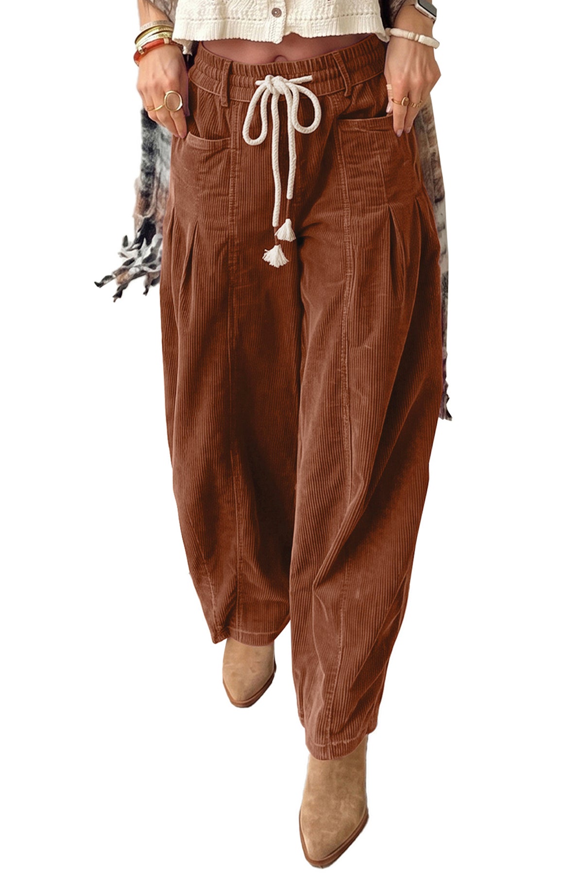 Racing Red Elastic Waist Drawstring Corduroy Casual Pants