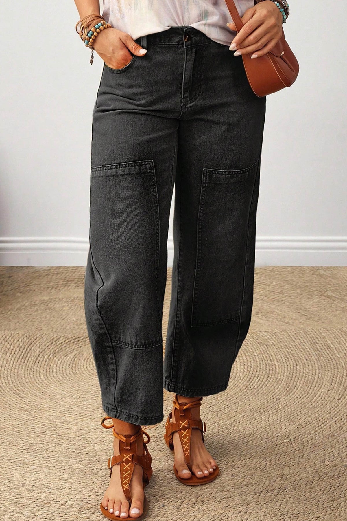Beau Blue Decorative Seam Patchwork Detail Solid Color Jeans