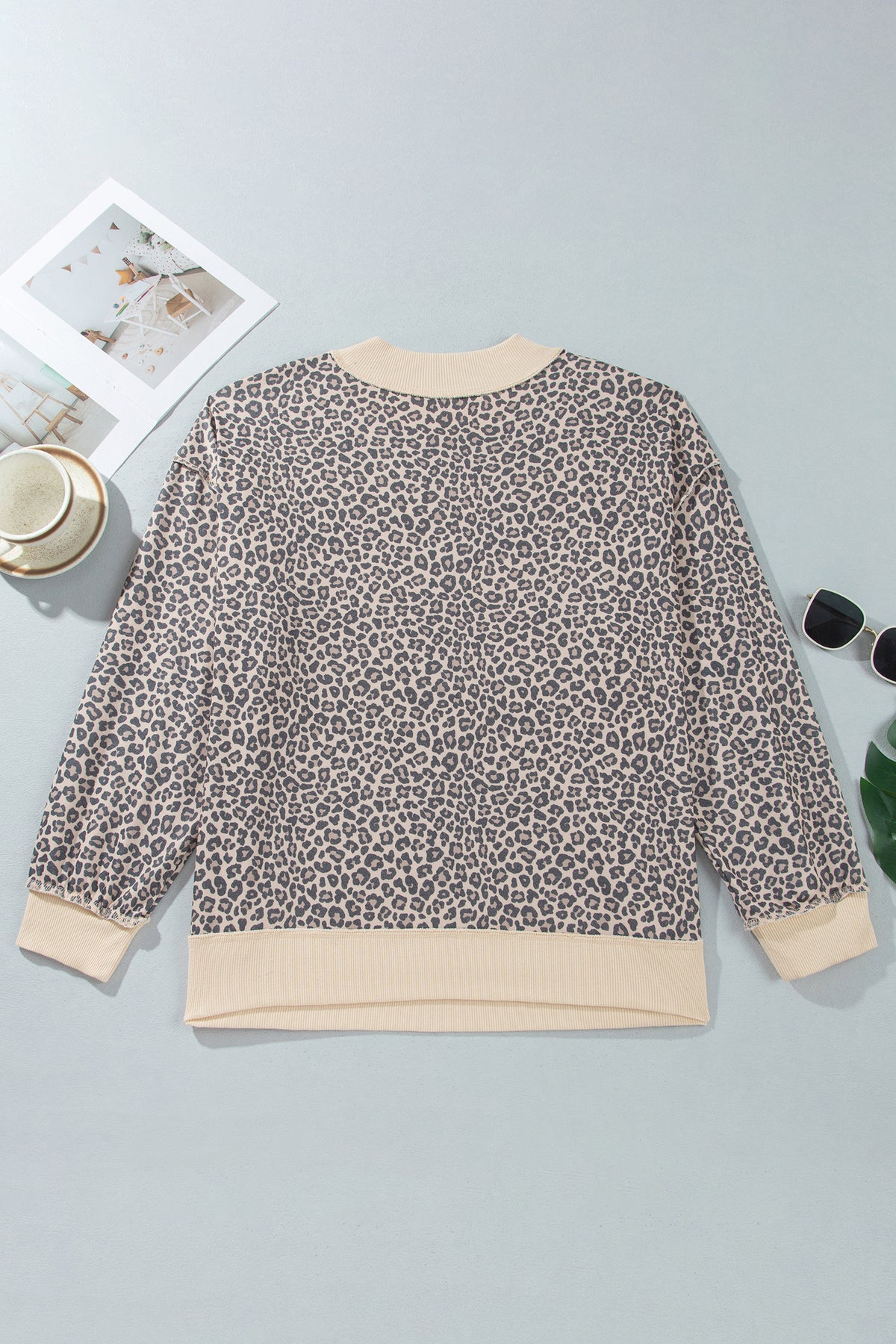 Multicolour Plus Size Leopard Print Ribbed Color Block Mock Neck Tunic Sweatshirt