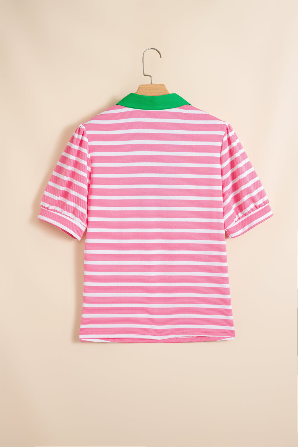 Black Stripe Short Puff Sleeve Color Block Polo Collar Blouse