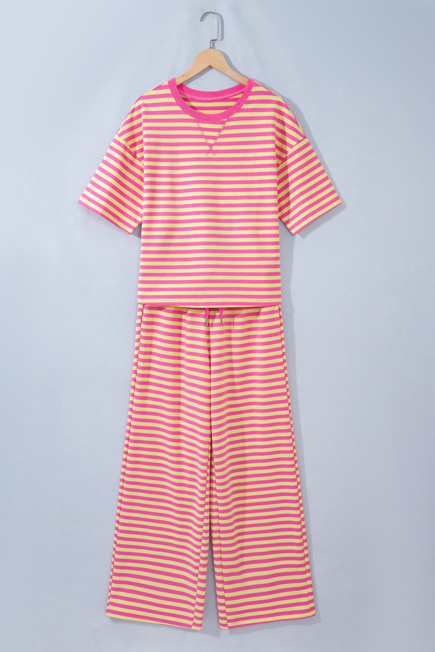 Yellow Stripe Colorblock Trim Crew Neck Loose Tee Drawstring Elastic Waist 2pcs Pant Set