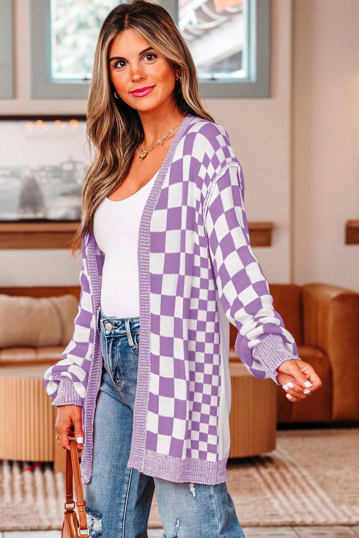 Purple Checkered Open Front Drop Shoulder Cardigan