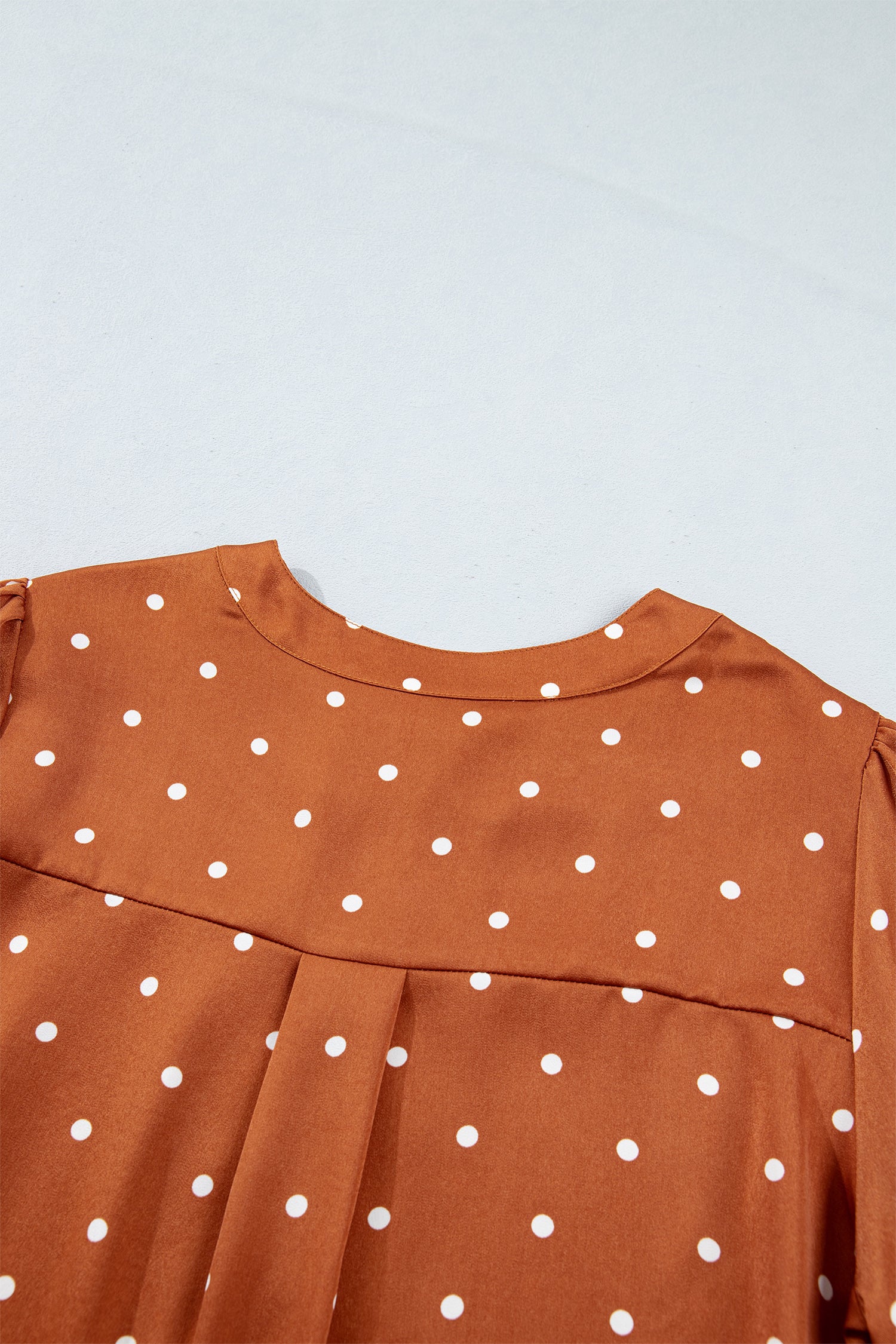 Brown Polka Dot Half Button V Neck Long Sleeve Blouse