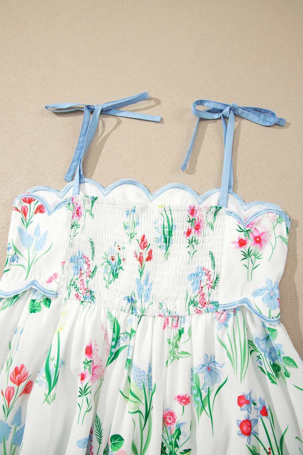 Yellow Floral Print Contrast Trim Self-tie Straps High Waist Midi Dress