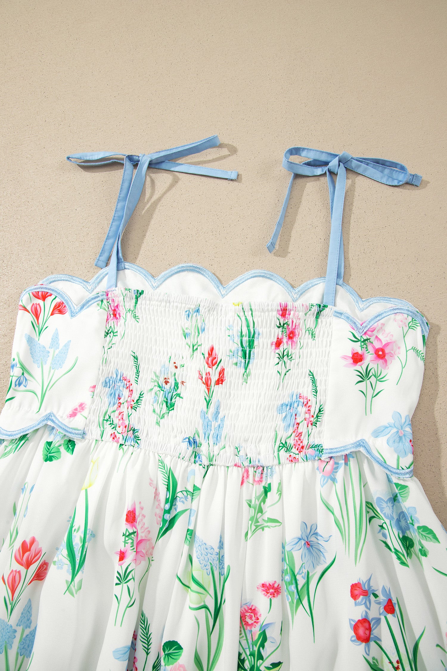 Yellow Floral Print Contrast Trim Self-tie Straps High Waist Midi Dress