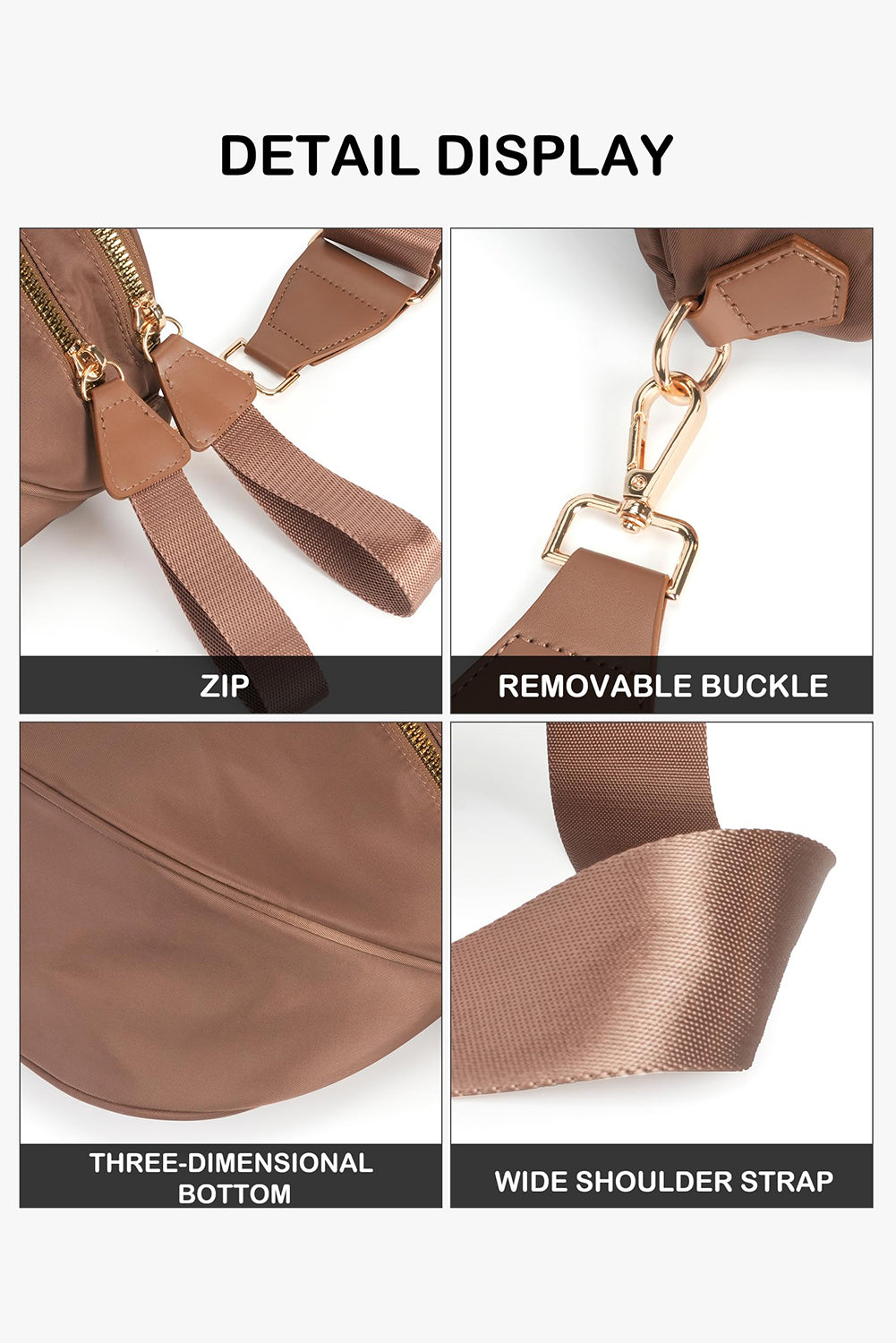 Dark Grey Double Zip Crescent Shape Adjustable Sling Bag