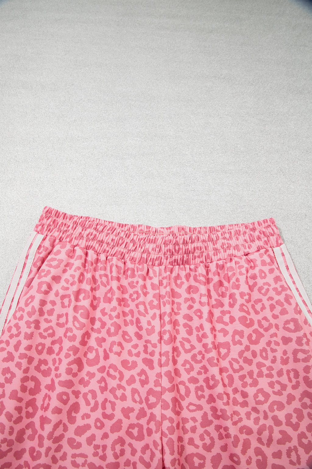Apricot Leopard Print Varsity Striped Detail 3/4 Sleeve Top Shift Pant Set