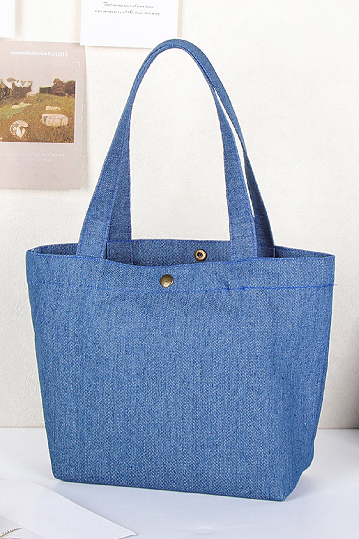 Navy Blue Vintage Denim Snap Button Tote Bag