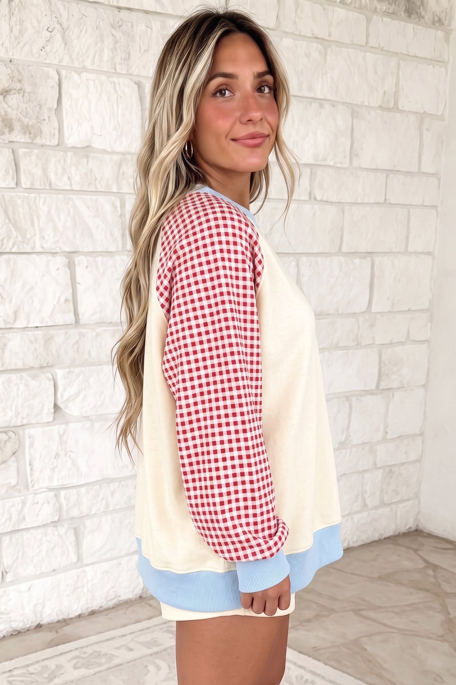 Beige Plaid Sleeve Colorblock Raglan Pullover Sweatshirt