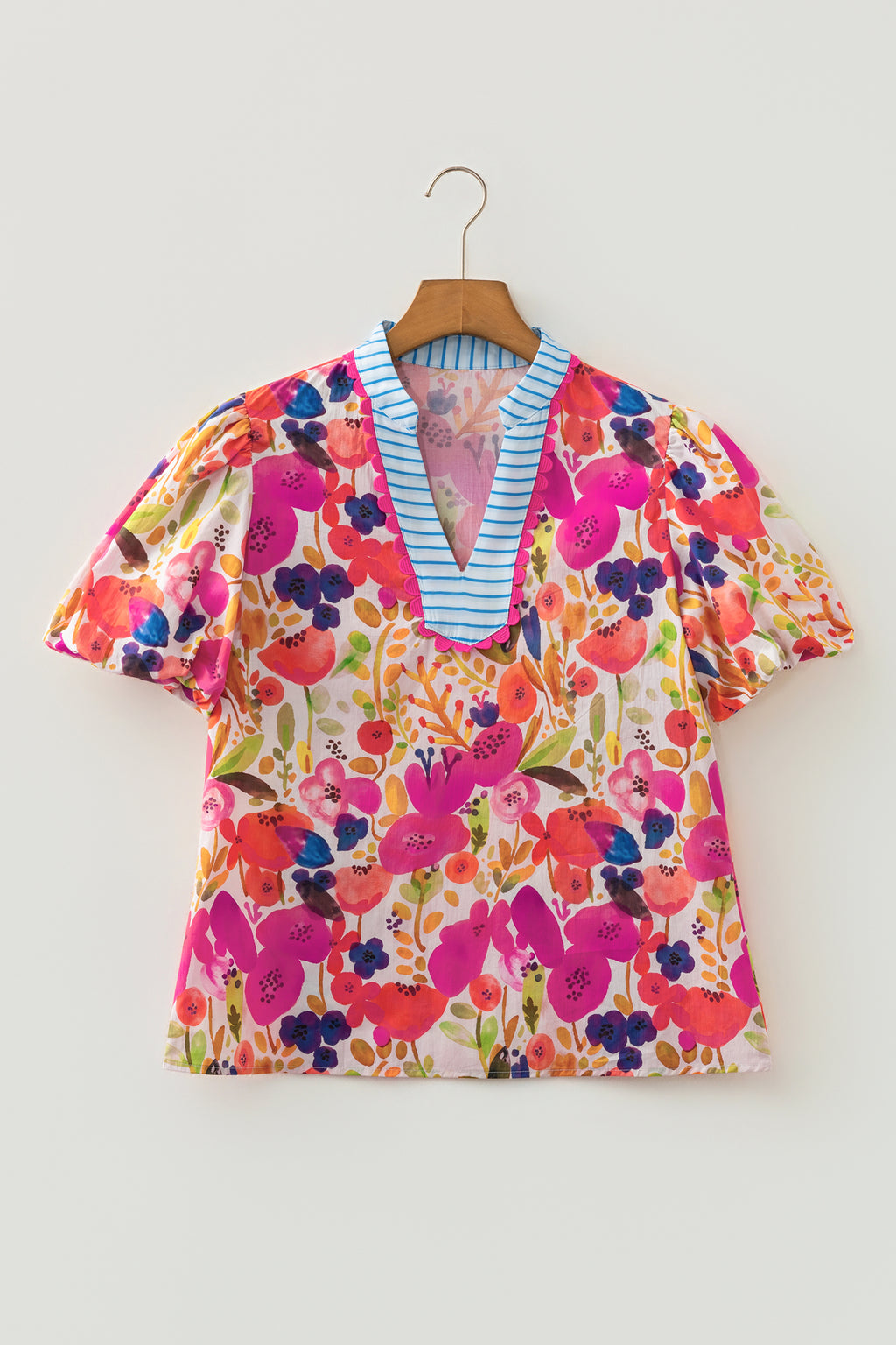 Rose Floral Print V Neck Short Puff Sleeve Cotton Blouse