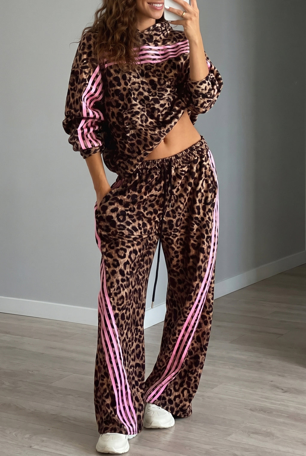 Brown Leopard Print Contrast Striped Detail Long Sleeve Top Pant Set