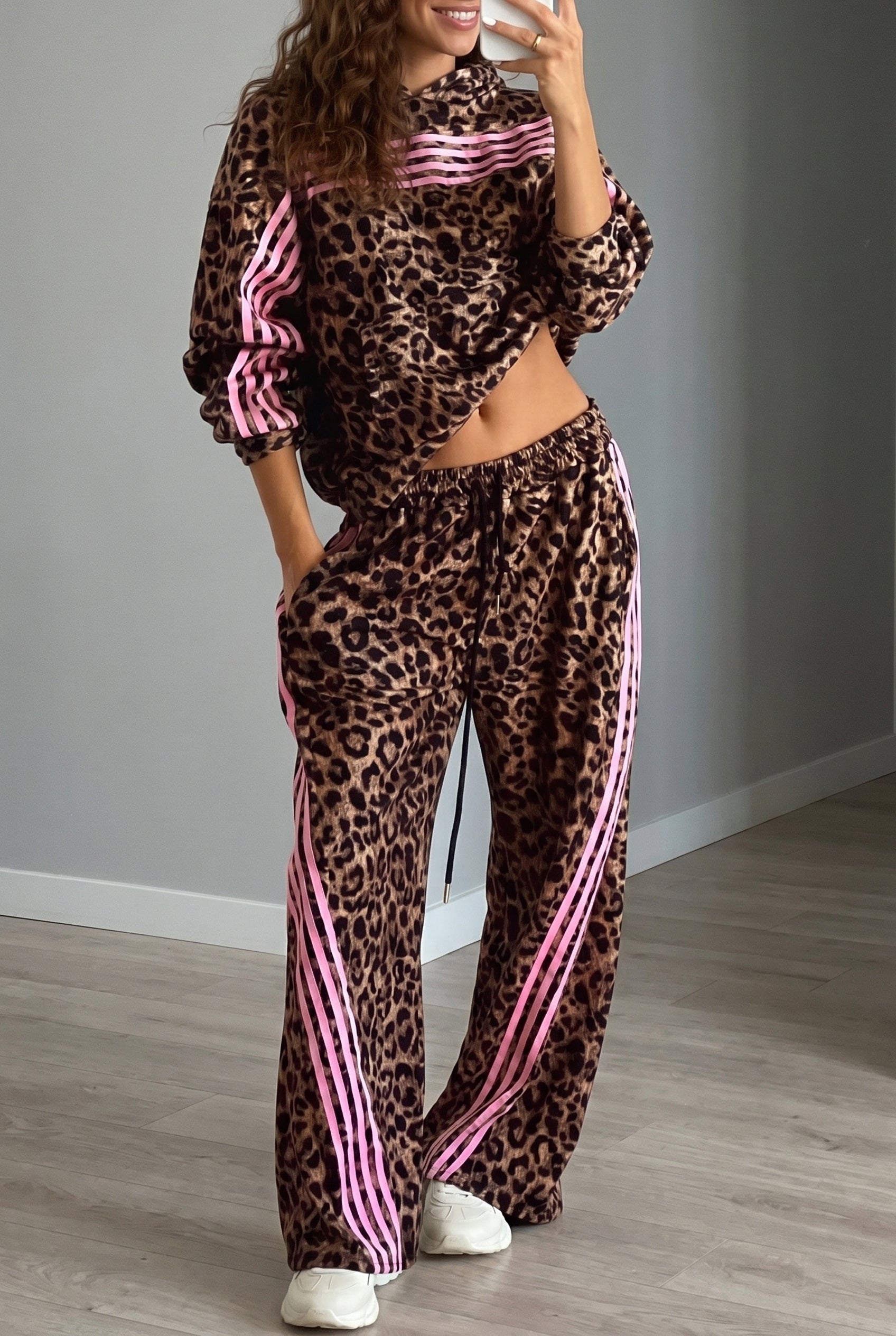 Brown Leopard Print Contrast Striped Detail Long Sleeve Top Pant Set