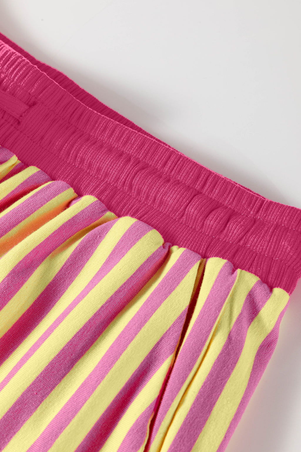 Pink Stripe Colorblock Trim V Neck Tee Drawstring Elastic Waist Short Set